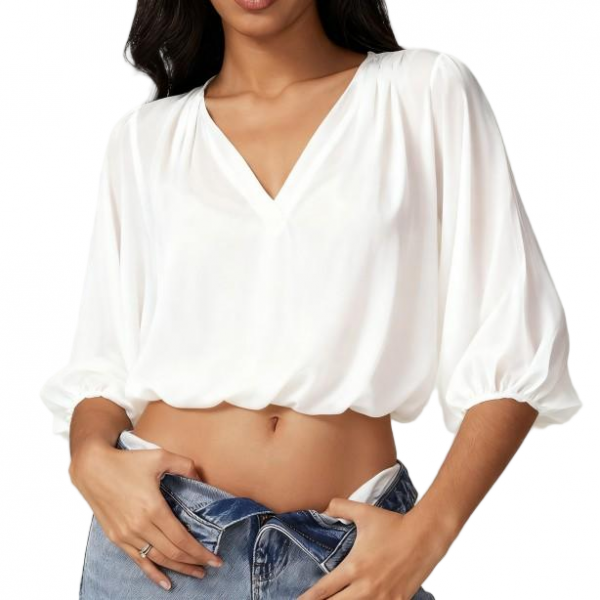 Women's White Satin V-Neck Puff Sleeve Cropped Blouse