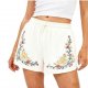 Women's White Embroidered Floral Elastic Waist Shorts