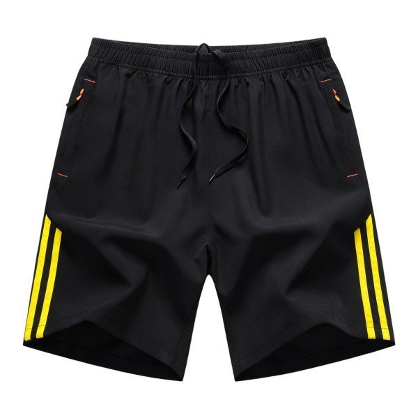 Men's Black Drawstring Shorts with Yellow Side Stripes