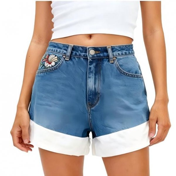 Women's Blue Denim Shorts with White Cuff & Floral Embroidery