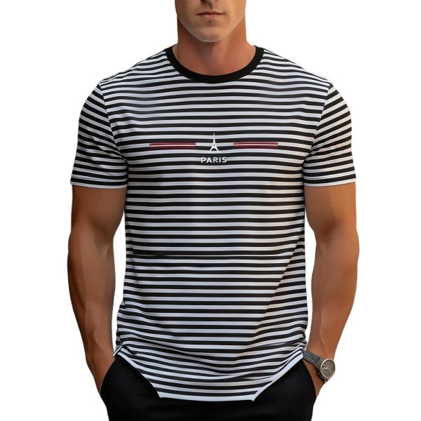 Men's Black & White Striped Crew Neck T-Shirt with Paris Eiffel Tower Print