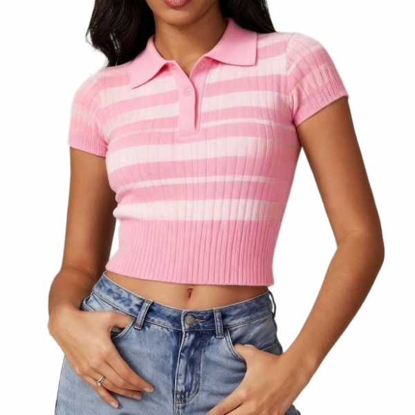 Women's Pink Striped Ribbed Short Sleeve Cropped Polo Top