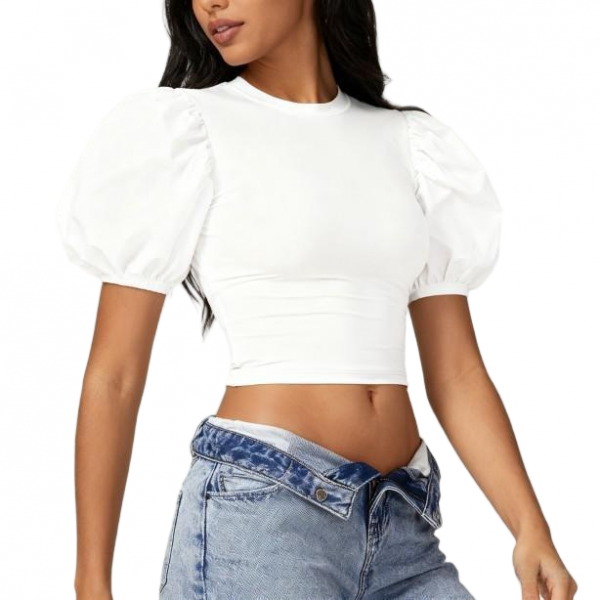 Women's White Puff Sleeve Crew Neck Ruched Cropped Top