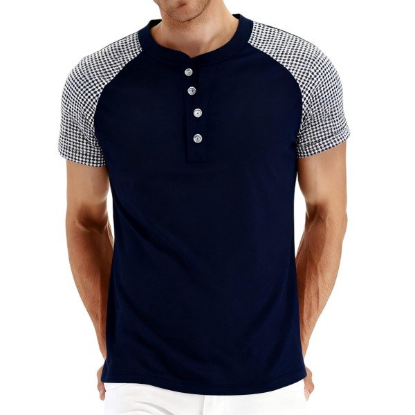 Men's Navy Blue Henley Shirt with Gingham Raglan Sleeves