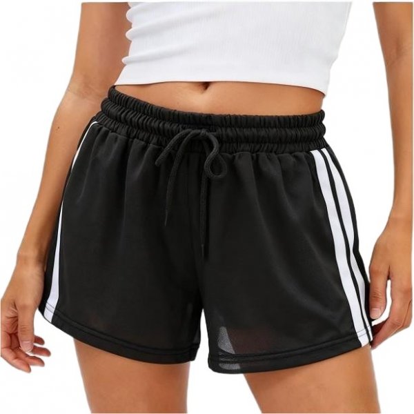 Women's Black Mesh Athletic Shorts with White Side Stripes