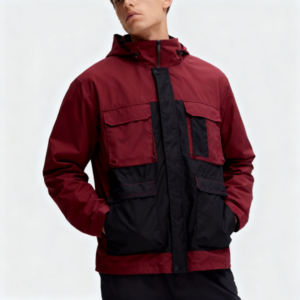 Burgundy & Black Multi-Pocket Hooded Jacket