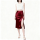 Burgundy Satin Side-Slit Midi Skirt