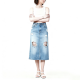 Light Wash Distressed Denim Midi Skirt