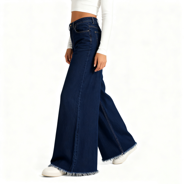 Dark Blue Frayed Hem Wide-Leg Jeans