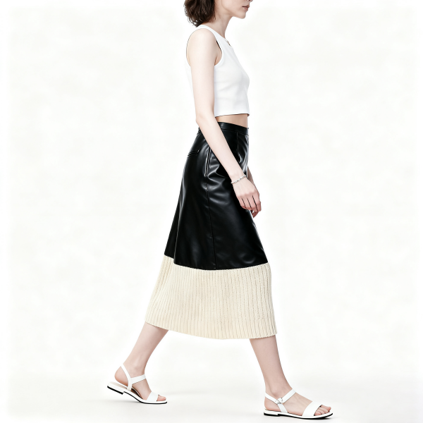 Black Faux Leather & Knit Panel Midi Skirt