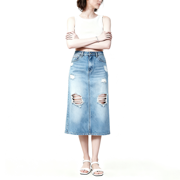 Light Wash Distressed Denim Midi Skirt