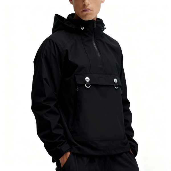 Black Half-Zip Hooded Jacket with Ring Hardware