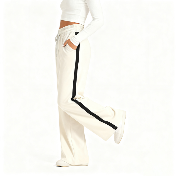Cream & Black Striped Wide-Leg Track Pants