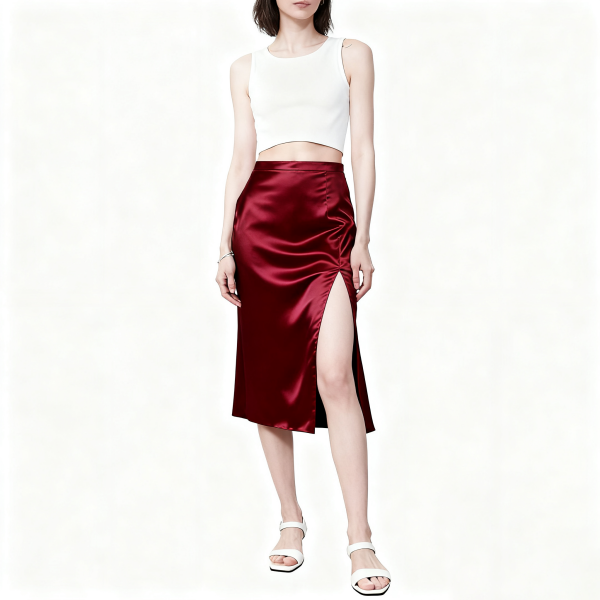 Burgundy Satin Side-Slit Midi Skirt