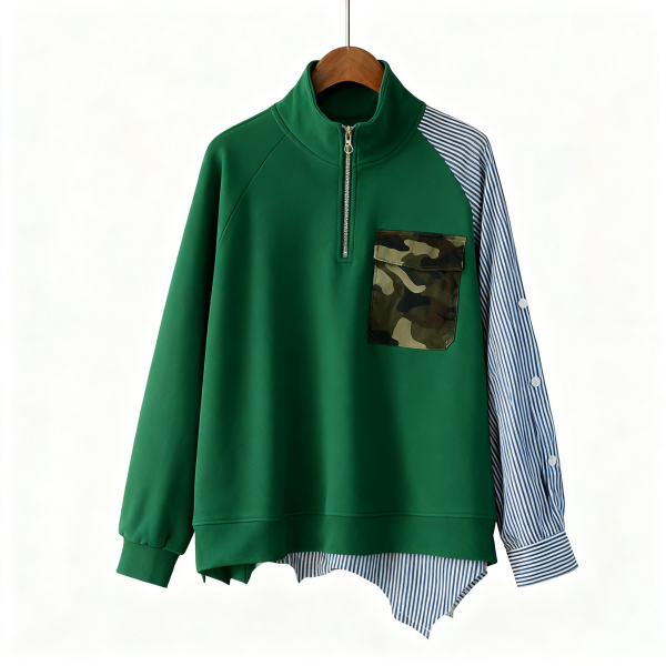 Green Half-Zip Camo Pocket Sweatshirt
